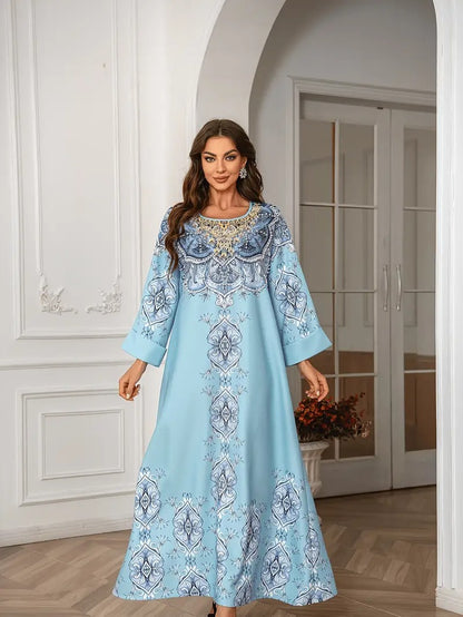 Printed Lace Detail Abaya Long Sleeved Extra Long Dress