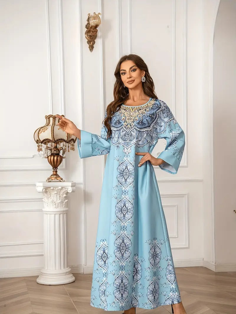 Bedrucktes Abaya-Kleid mit Spitzendetail und langen Ärmeln und extralangem Kleid