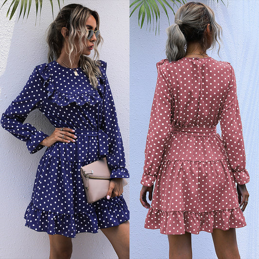 Autumn And Winter Dress Long-sleeved Polka Dot Ruffled Lace-up Skirt