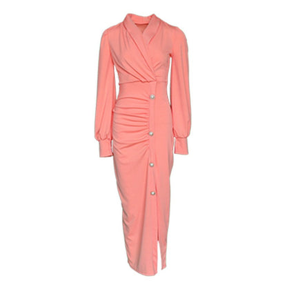 African cute woman pink long-sleeved dress office dresses