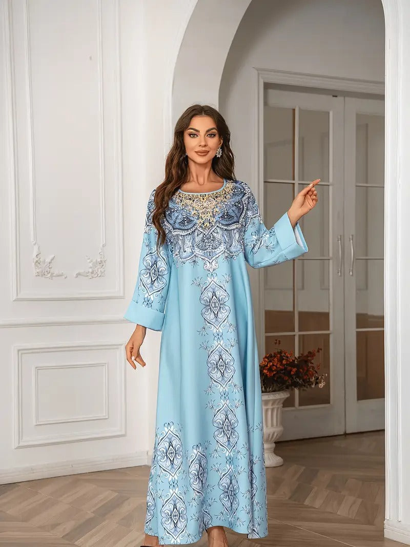 Bedrucktes Abaya-Kleid mit Spitzendetail und langen Ärmeln und extralangem Kleid