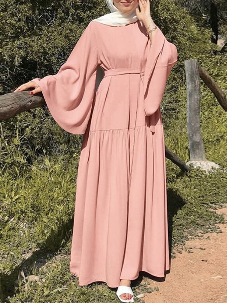 Muslim Women's Wear Casual Bell Sleeve Belted Swing Long Dress