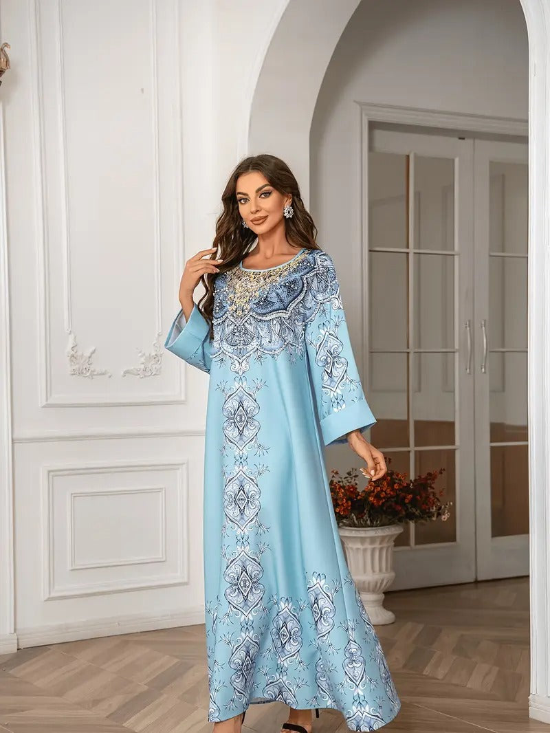 Printed Lace Detail Abaya Long Sleeved Extra Long Dress