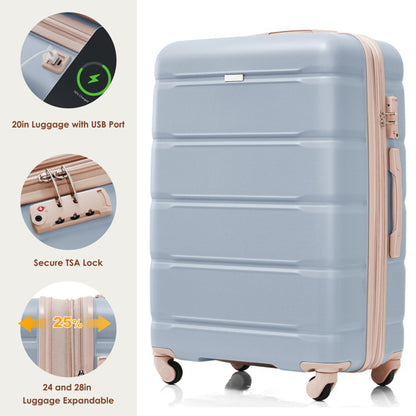 4-piece Luggage Set, 20 Inches With USB Port, Expandable ABS Durable Suitcase With Travel Bag, Cup Holder, ABS Hard Shell Luggage With Rotating Wheels