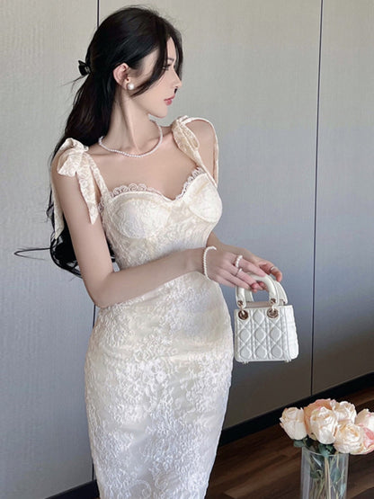 French Style Dress Woman Lace Patchwork Spaghetti Strap