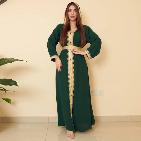 Linen Green Muslim Saudi Arabian Hooded Women's Swing Dress