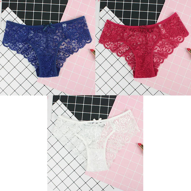 3pcs/Pack Sexy Women Lace Panties Underwear Lace Briefs Transparent Floral Bow Soft Lingerie Sexy Fashion Panties For Ladies