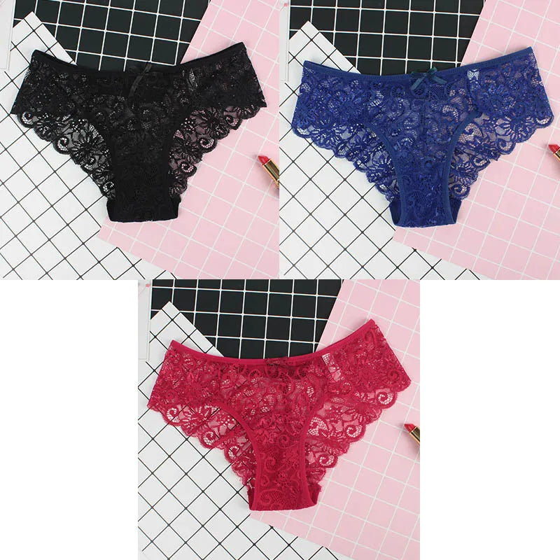 3pcs/Pack Sexy Women Lace Panties Underwear Lace Briefs Transparent Floral Bow Soft Lingerie Sexy Fashion Panties For Ladies