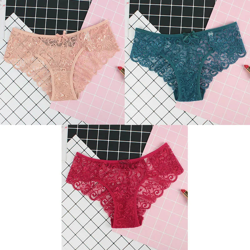 3pcs/Pack Sexy Women Lace Panties Underwear Lace Briefs Transparent Floral Bow Soft Lingerie Sexy Fashion Panties For Ladies