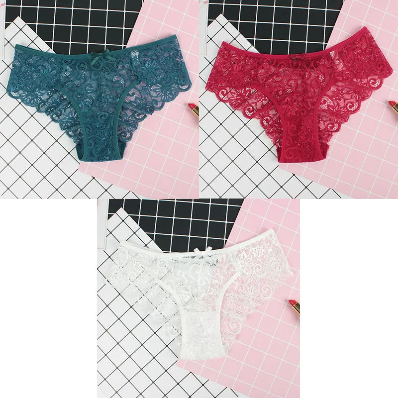 3pcs/Pack Sexy Women Lace Panties Underwear Lace Briefs Transparent Floral Bow Soft Lingerie Sexy Fashion Panties For Ladies