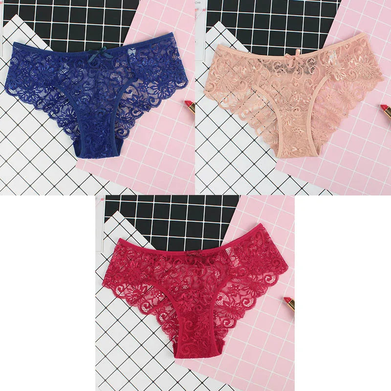 3pcs/Pack Sexy Women Lace Panties Underwear Lace Briefs Transparent Floral Bow Soft Lingerie Sexy Fashion Panties For Ladies