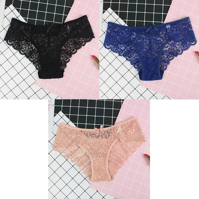 3pcs/Pack Sexy Women Lace Panties Underwear Lace Briefs Transparent Floral Bow Soft Lingerie Sexy Fashion Panties For Ladies