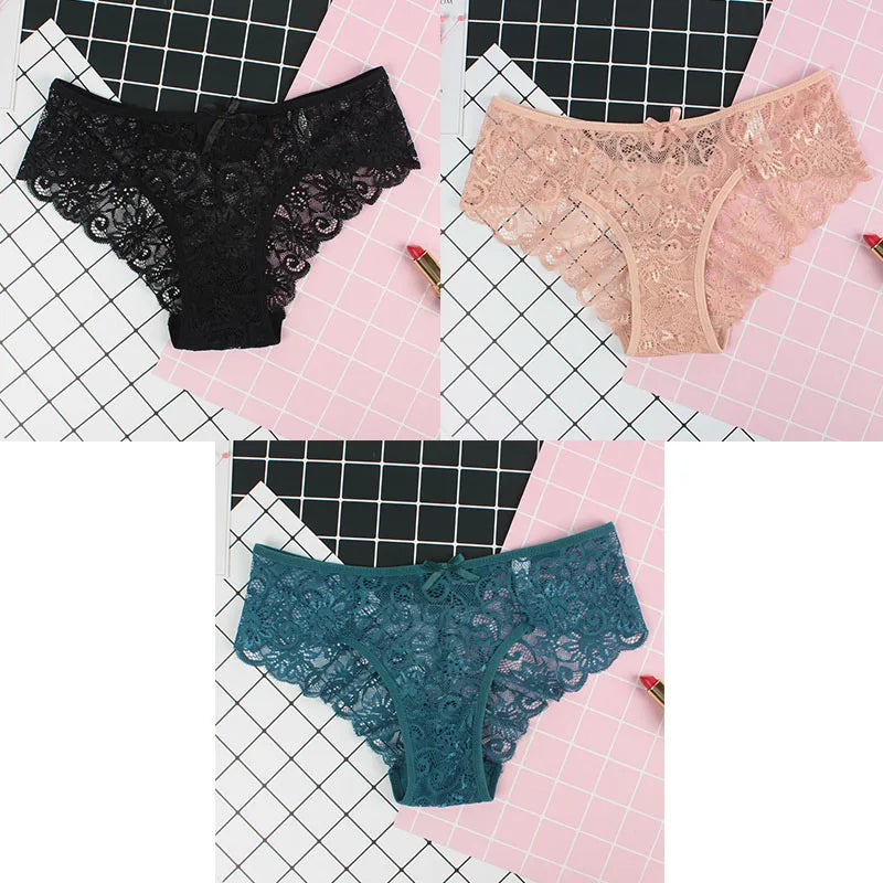 3pcs/Pack Sexy Women Lace Panties Underwear Lace Briefs Transparent Floral Bow Soft Lingerie Sexy Fashion Panties For Ladies