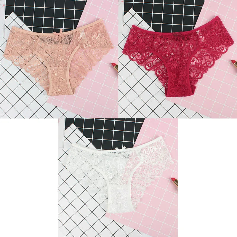 3pcs/Pack Sexy Women Lace Panties Underwear Lace Briefs Transparent Floral Bow Soft Lingerie Sexy Fashion Panties For Ladies