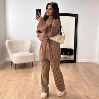 Solid Color Idle Style Round Neck Loose Sweater Trousers Two-piece Set