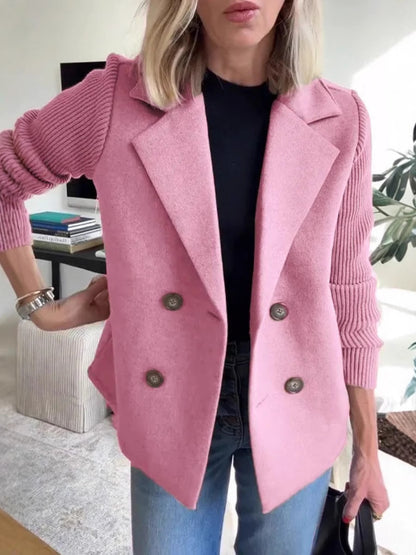 Double Breasted Lapel Jacket Fashion Knitted Sleeves Splicing Design Coat Outerwear Women's Clothing