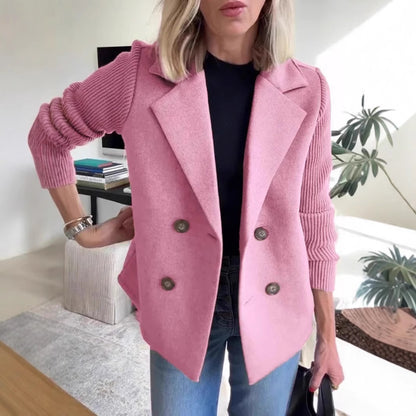 Double Breasted Lapel Jacket Fashion Knitted Sleeves Splicing Design Coat Outerwear Women's Clothing