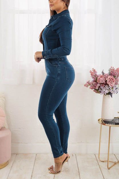 Elastic Ankle Wash Denim Jumpsuit Jumpsuit