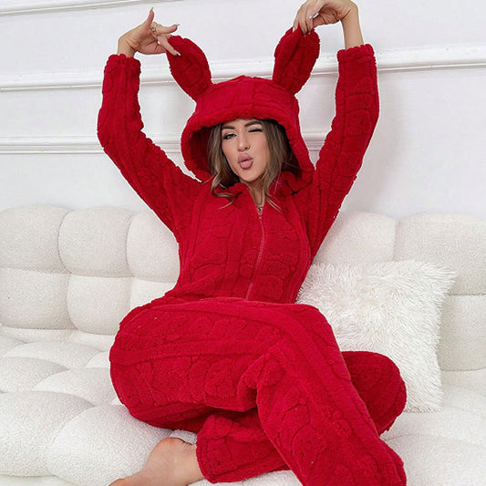 Cute Thermal Coral Fleece Hooded One-piece Pajamas