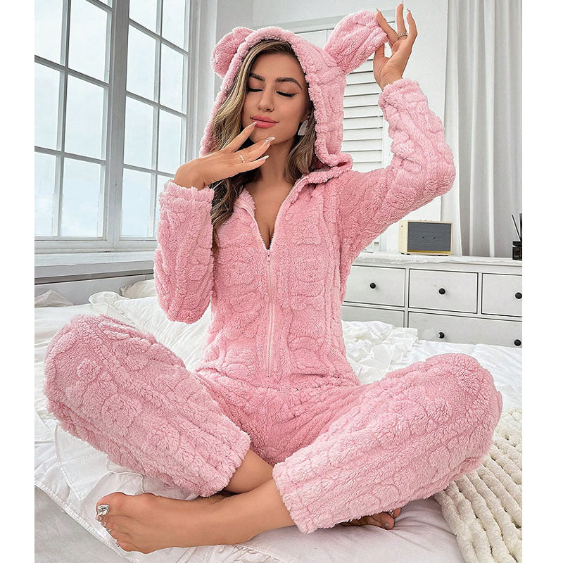 Cute Thermal Coral Fleece Hooded One-piece Pajamas