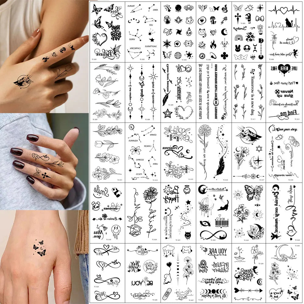 30pcs Instant Finger Tattoo Stickers Waterproof Temporary Tattoos for Women Men Butterfly Flower Fake Tattoo for Hand Body Art