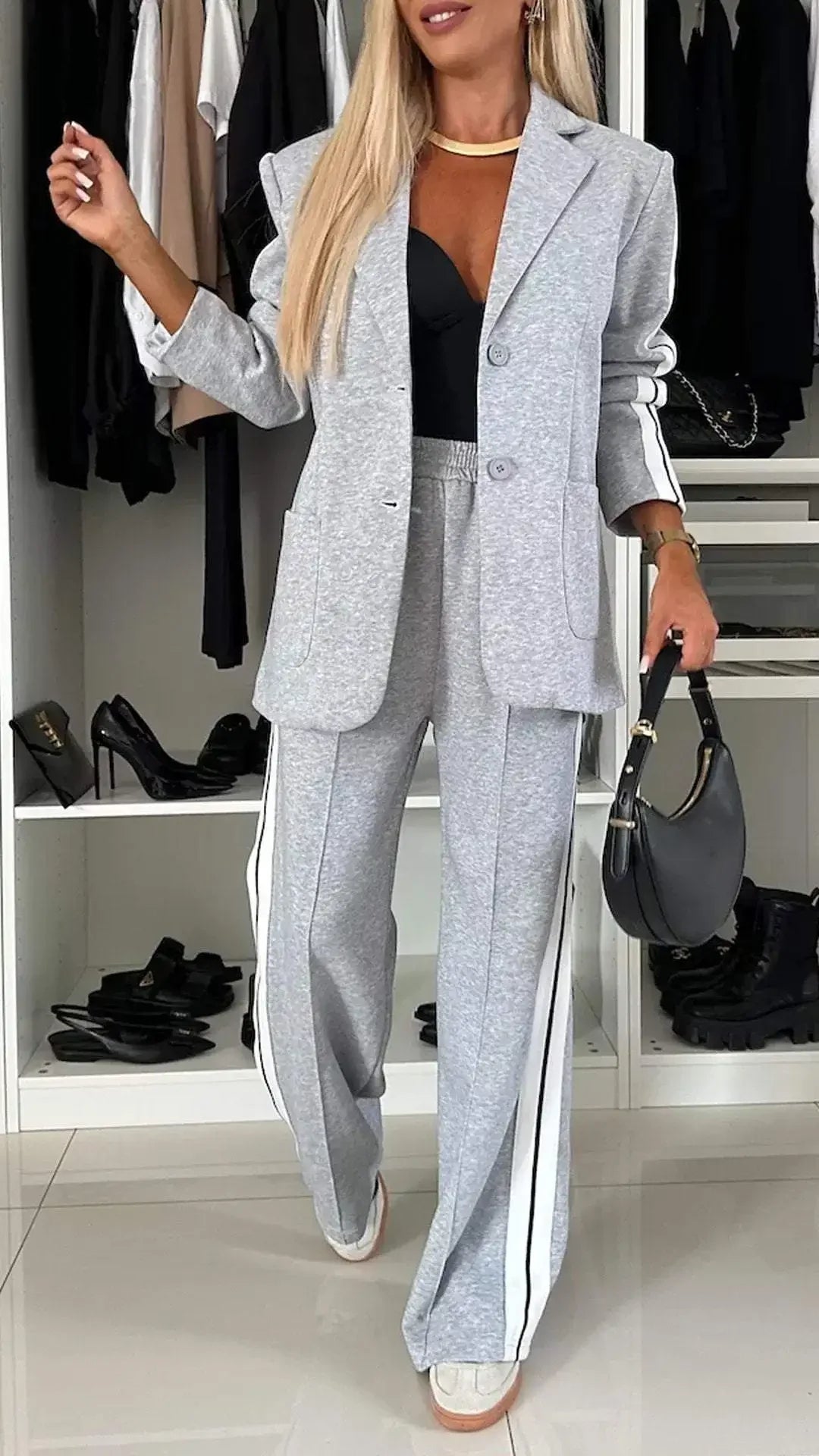 Women 2pcs Clothes Set Stripes Printed Long Sleeve Blazer Jacket & High Waist Long Pants Office Lady