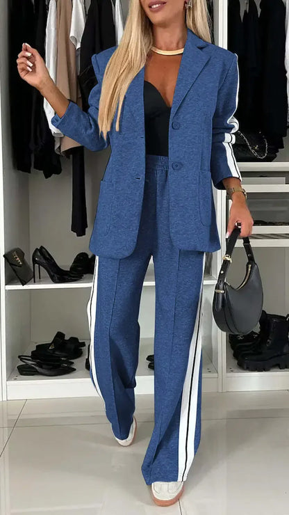 Women 2pcs Clothes Set Stripes Printed Long Sleeve Blazer Jacket & High Waist Long Pants Office Lady