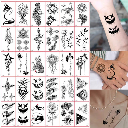 30Pcs Black Flower Tattoo Stickers Butterfly Rose Moon Star Small Temporary Tattoos Mandala Fake Tattoo for Hand Body Chest