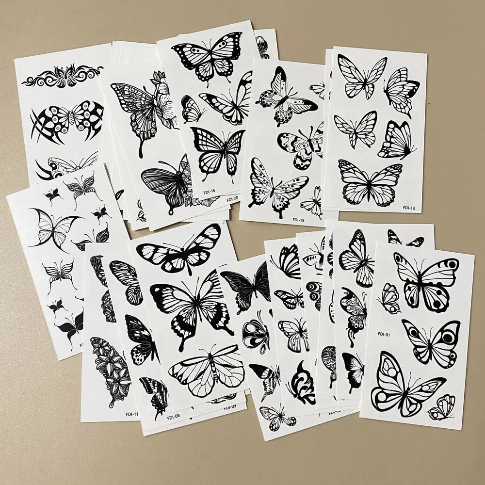 30Pcs Black Flower Tattoo Stickers Butterfly Rose Moon Star Small Temporary Tattoos Mandala Fake Tattoo for Hand Body Chest