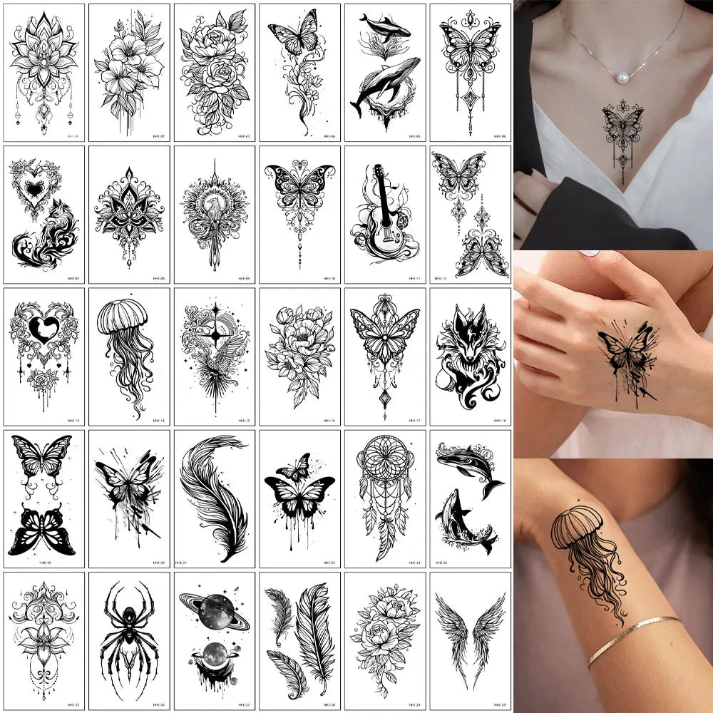 30Pcs Black Flower Tattoo Stickers Butterfly Rose Moon Star Small Temporary Tattoos Mandala Fake Tattoo for Hand Body Chest