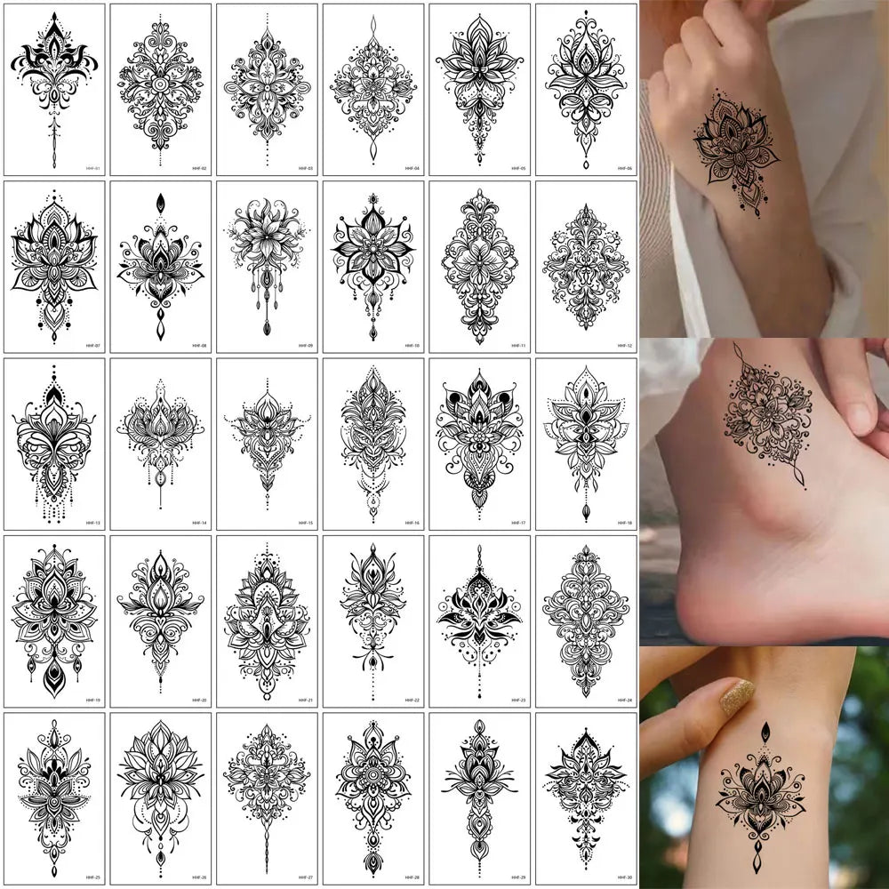 30Pcs Black Flower Tattoo Stickers Butterfly Rose Moon Star Small Temporary Tattoos Mandala Fake Tattoo for Hand Body Chest