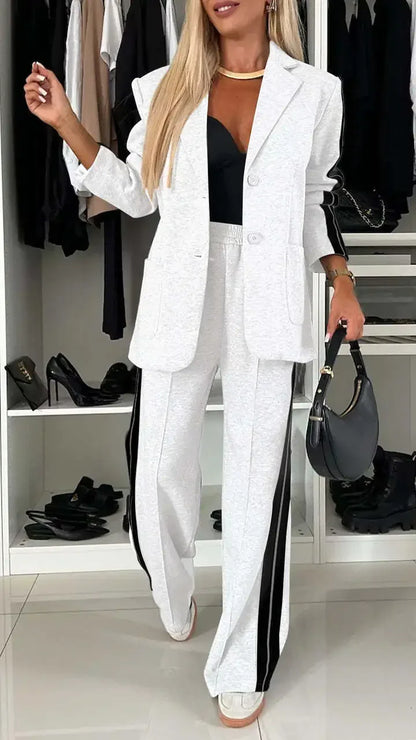 Women 2pcs Clothes Set Stripes Printed Long Sleeve Blazer Jacket & High Waist Long Pants Office Lady