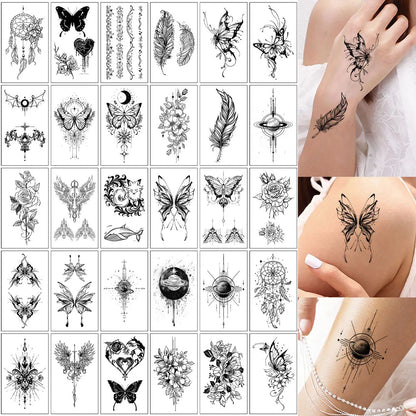 30Pcs Black Flower Tattoo Stickers Butterfly Rose Moon Star Small Temporary Tattoos Mandala Fake Tattoo for Hand Body Chest