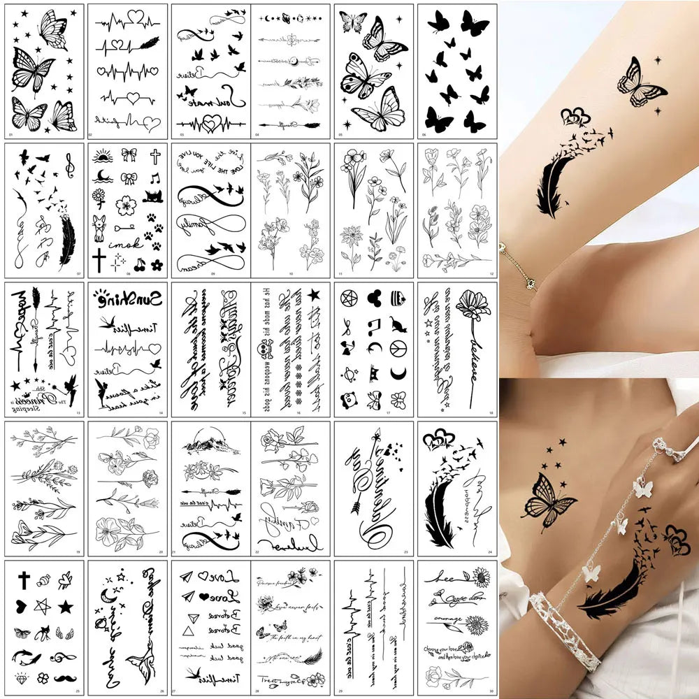 30Pcs Black Flower Tattoo Stickers Butterfly Rose Moon Star Small Temporary Tattoos Mandala Fake Tattoo for Hand Body Chest