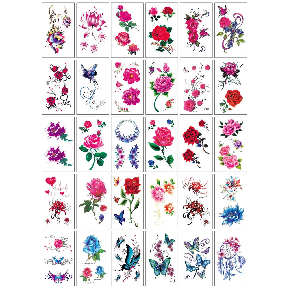 30Pcs Black Flower Tattoo Stickers Butterfly Rose Moon Star Small Temporary Tattoos Mandala Fake Tattoo for Hand Body Chest