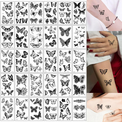 30Pcs Black Flower Tattoo Stickers Butterfly Rose Moon Star Small Temporary Tattoos Mandala Fake Tattoo for Hand Body Chest