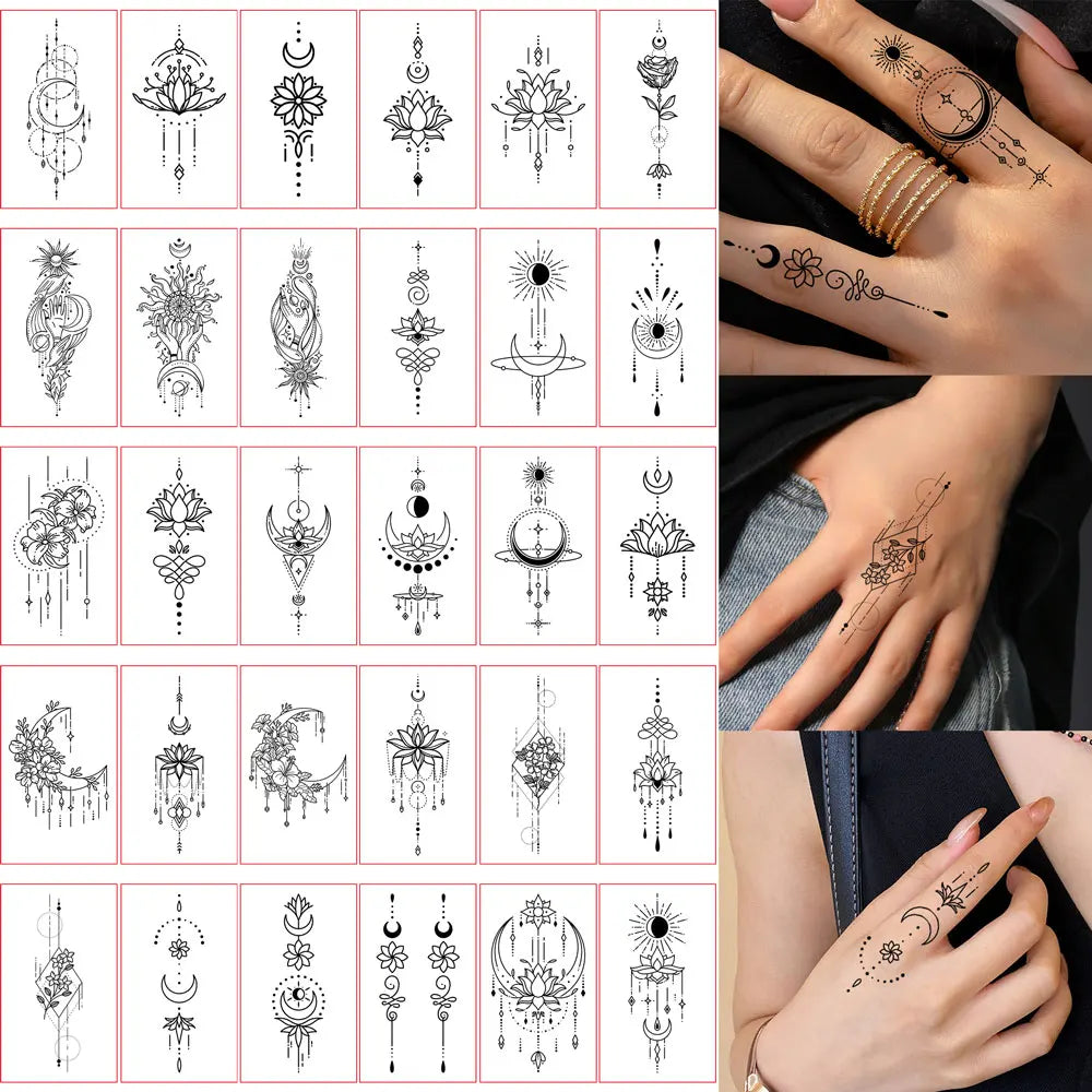 30Pcs Black Flower Tattoo Stickers Butterfly Rose Moon Star Small Temporary Tattoos Mandala Fake Tattoo for Hand Body Chest