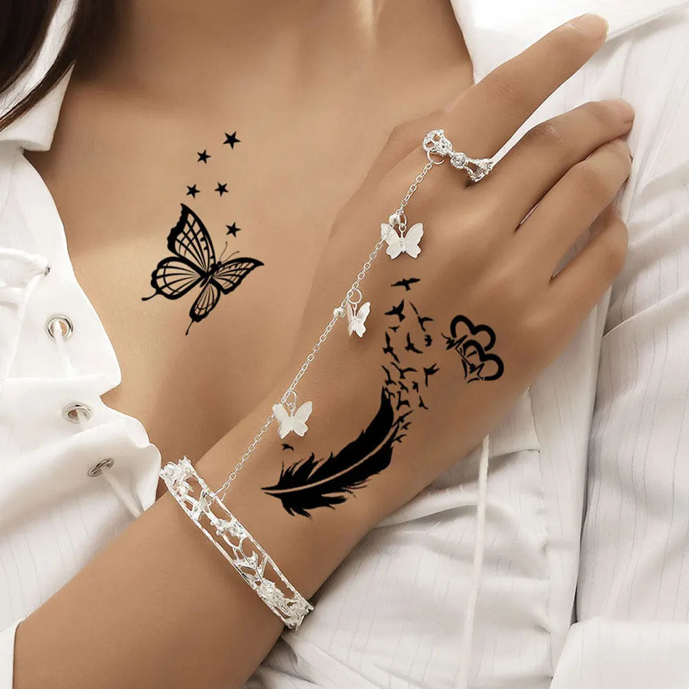 30Pcs Black Flower Tattoo Stickers Butterfly Rose Moon Star Small Temporary Tattoos Mandala Fake Tattoo for Hand Body Chest