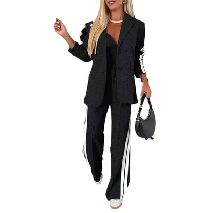 Frauen 2 stücke Kleidung Set Streifen Gedruckt Langarm Blazer Jacke &amp; Hohe Taille Lange Hosen Büro Dame