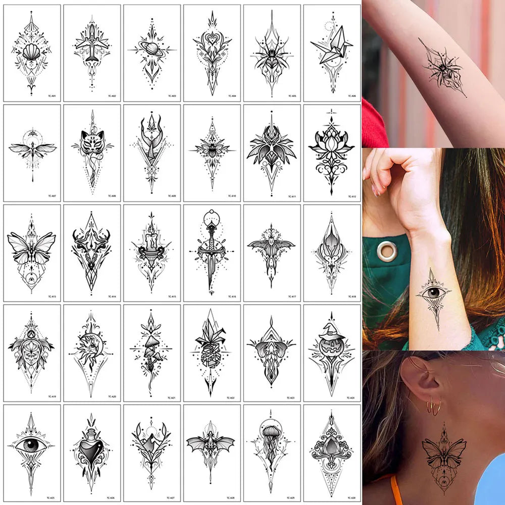 30Pcs Black Flower Tattoo Stickers Butterfly Rose Moon Star Small Temporary Tattoos Mandala Fake Tattoo for Hand Body Chest