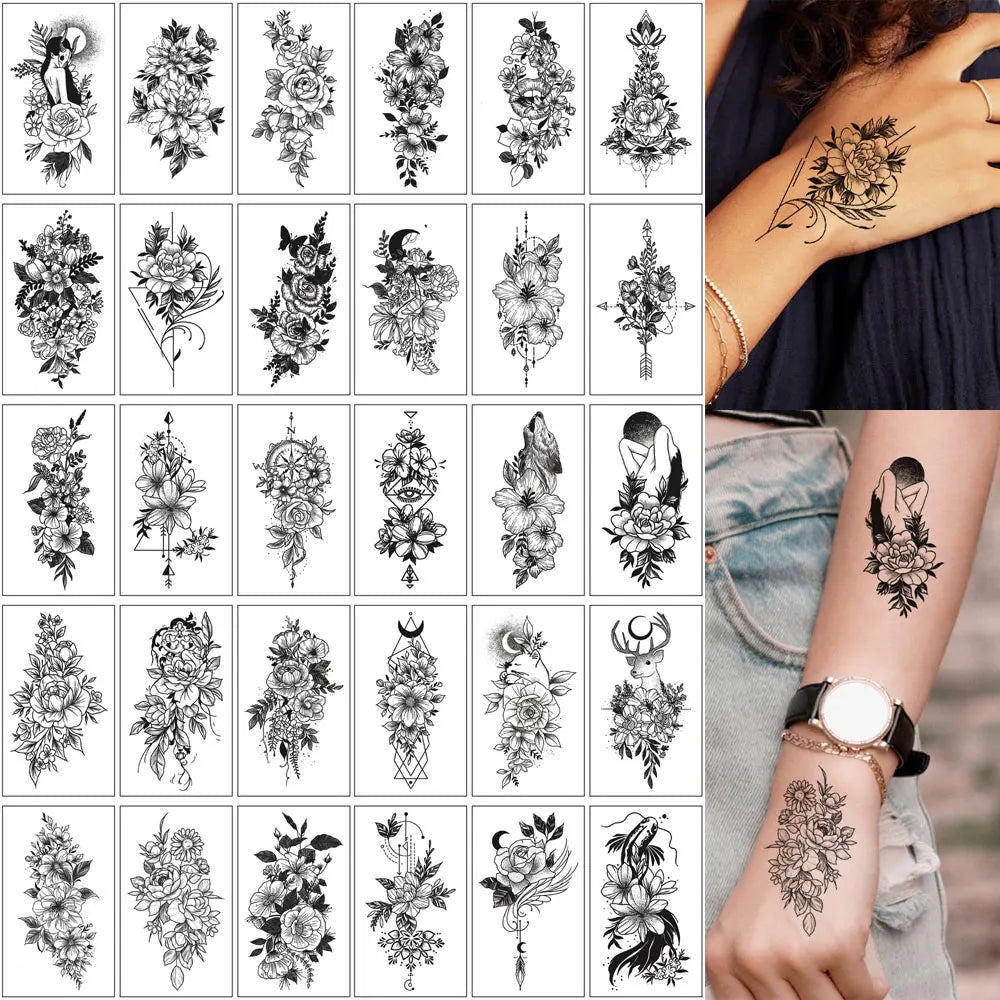 30Pcs Black Flower Tattoo Stickers Butterfly Rose Moon Star Small Temporary Tattoos Mandala Fake Tattoo for Hand Body Chest