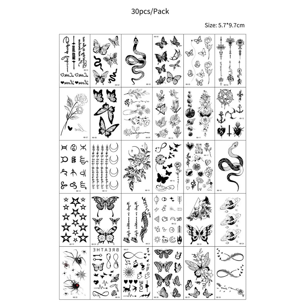 30pcs Instant Finger Tattoo Stickers Waterproof Temporary Tattoos for Women Men Butterfly Flower Fake Tattoo for Hand Body Art