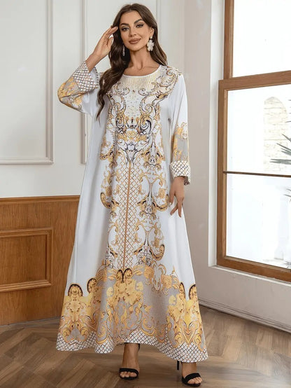 Ladies' Round Neck Rhinestone Decorative Print Long Abayalian Dress