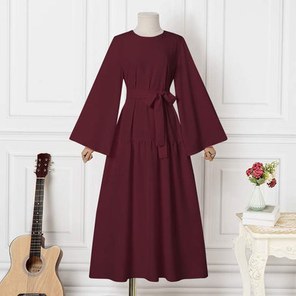 Muslim Women's Wear Casual Bell Sleeve Belted Swing Long Dress