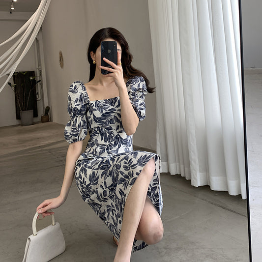 Floral Dress Woman Square-neck Puff Sleeve French Style Temperament Slimming Dress