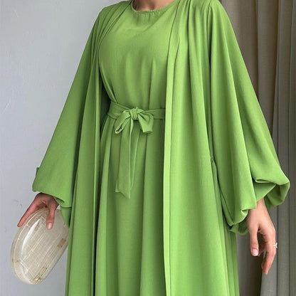 Women's Fashion Muslim Dress Lace-up Waist-controlled Baggy Coat Long