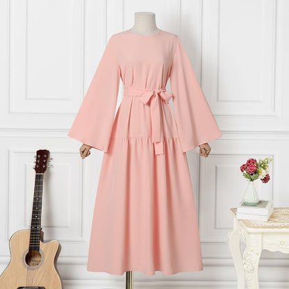 Muslim Women's Wear Casual Bell Sleeve Belted Swing Long Dress